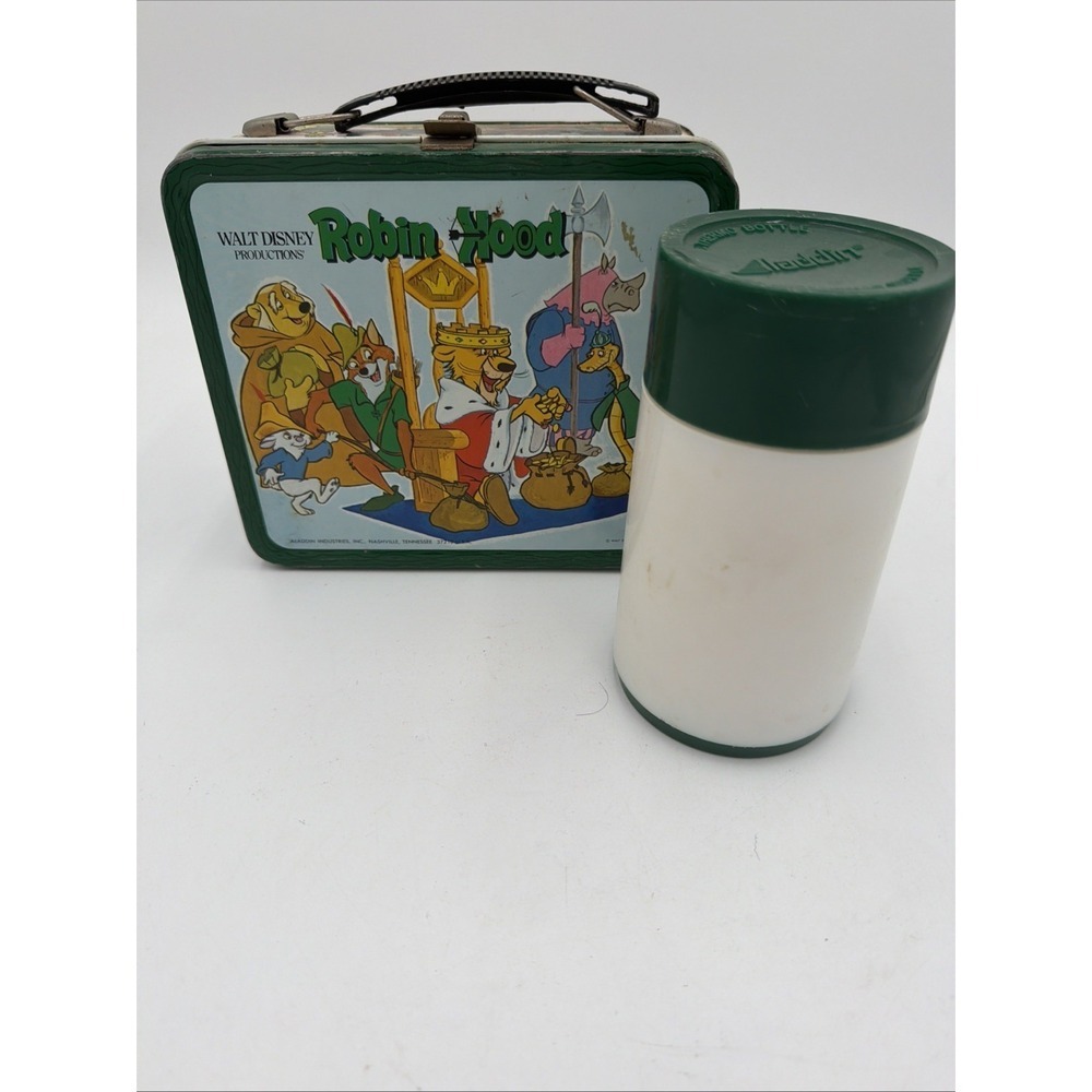 Rare Vintage 1973 Aladdin Disney Robin Hood Metal Lunchbox And White Thermos